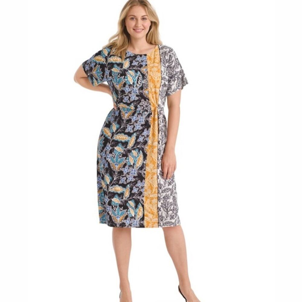London Times Floral Blouson Midi Dress Plus 1X or 3X Mustard Teal Blue Black - Picture 2 of 7